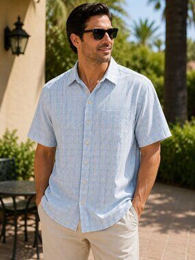 Untuckit size XXL Men's Short-Sleeve Button-Front Blue-White-Stripe Shirt